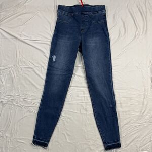 SPANX Distressed Skinny Pull‑On Jeans – Women’s Size M – Medium Wash – Raw Hem